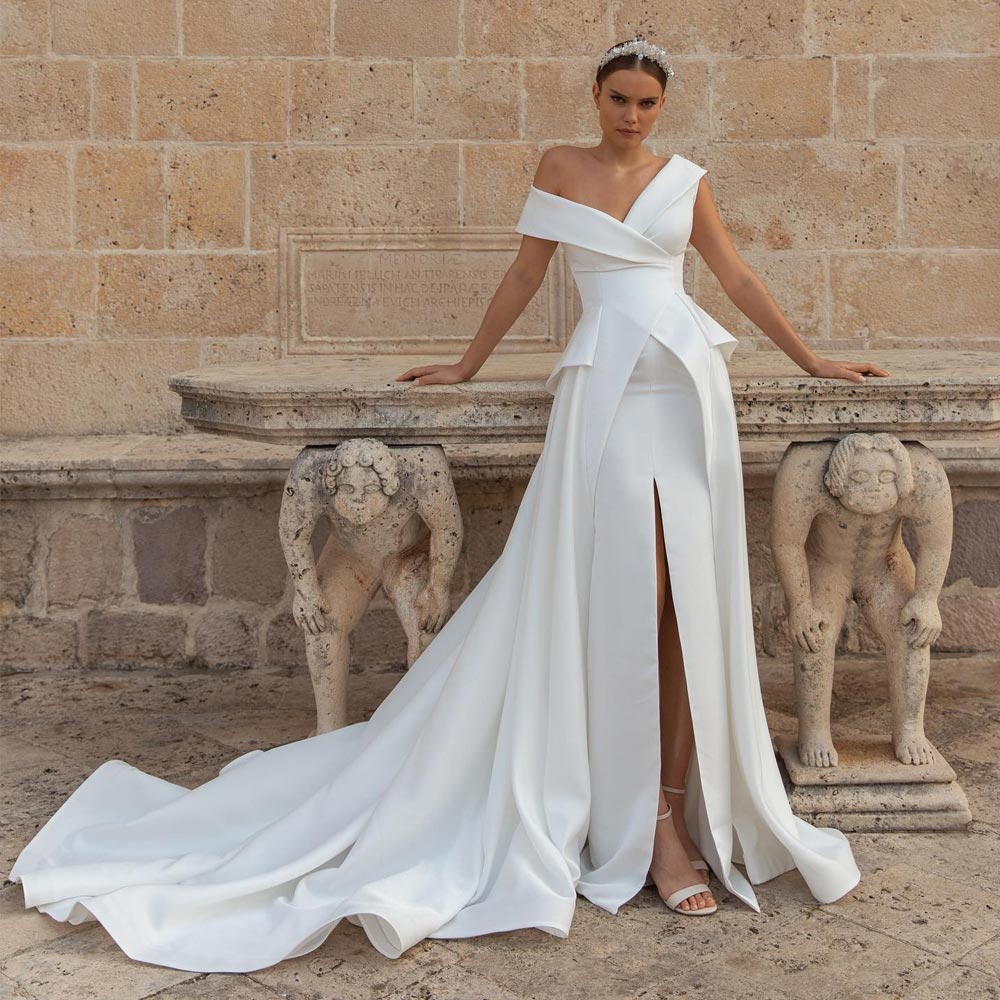 Peplum Overskirt Stunning Wedding Dresses Off The Shoulder Bridal Gowns A Line Front Split Sweep Train Satin Beach Robe De Mariee