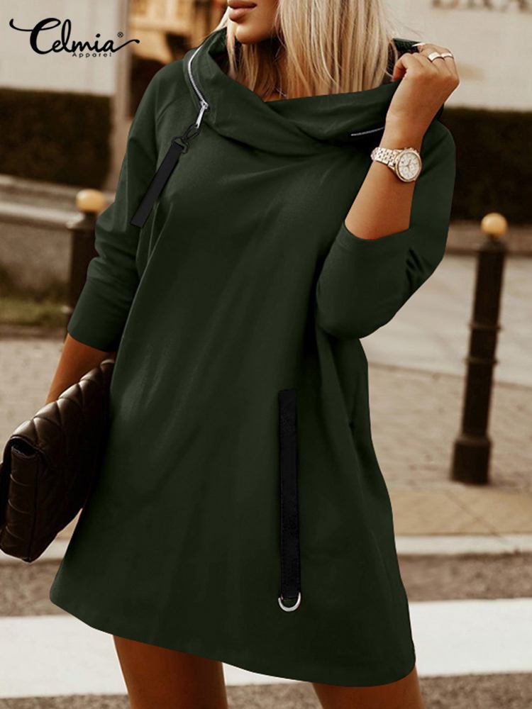 Fashion Solid Sweatshirt Women's Hoodie Celmia Winter Casual Hat Collar Zipper Long Sleeve Hooded Dress Outerwear Oversize 220815