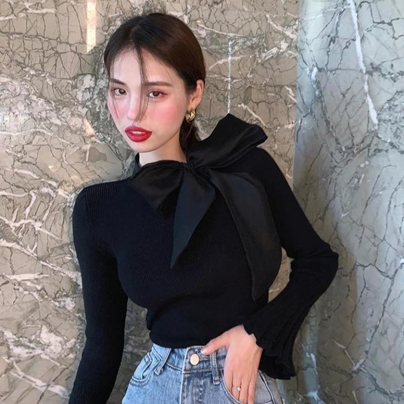 Women' Sweaters Pullover Jumpers Slim Fit Bow Flare Sleeve Knitwear Top Wild Pull Femme Cropped Black Sweater Knitting Y2k ShirtWomen
Women' Sweaters Pullover Jumpers Slim Fit Bow Flare Sleeve Knitwear Top Wild Pull Femme Cropped Black Sweater Knitting Y2k ShirtWomen