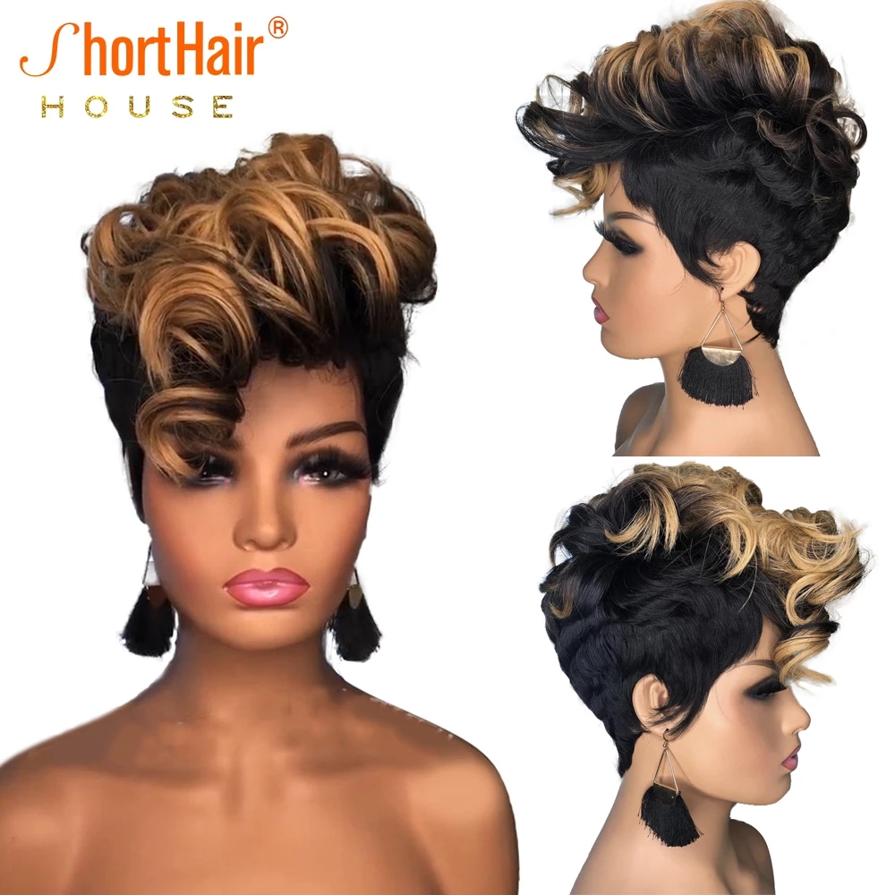 Ombre Red Color Short Bob Pixie Cut Wig Human Hair With Natural Bangs Brazilian Wigs For Women Cosplay Full Machine Made