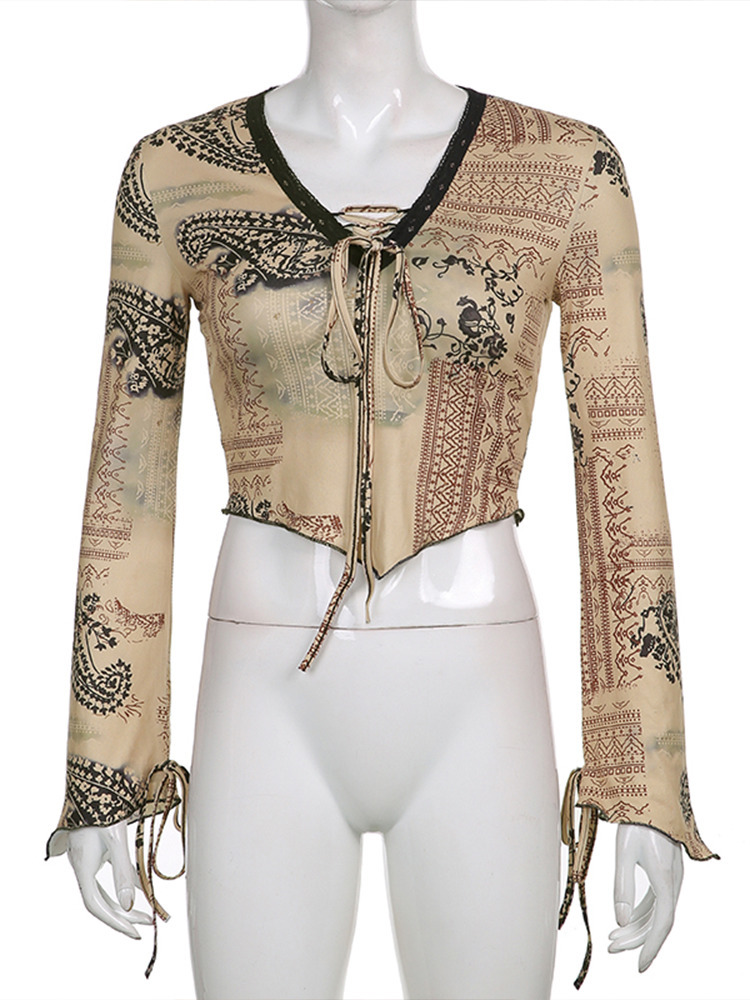 Rockmore Fairy Grunge Print Crop Top Women'S Flare Sleeve Tshirts Aesthetic Retro Harajuku Tie Up V-neck Tee 90s Vintage Clothes 220321