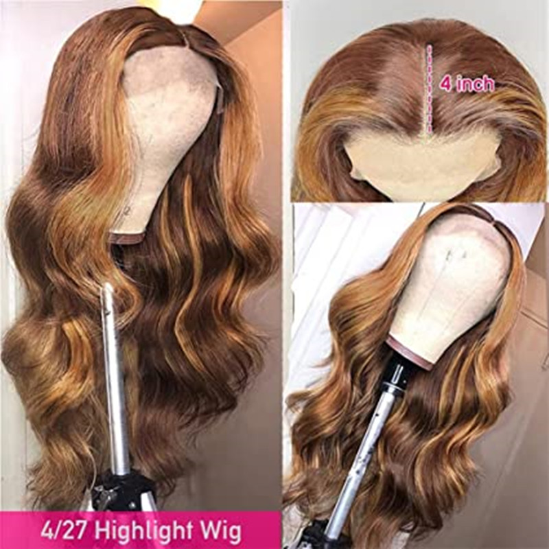 Honey Blond Ombre Highlight Lace Front wigs Human Hair for Women Invisible Pre Plucked 13x4 curly body wave 4/27 wig 150%density