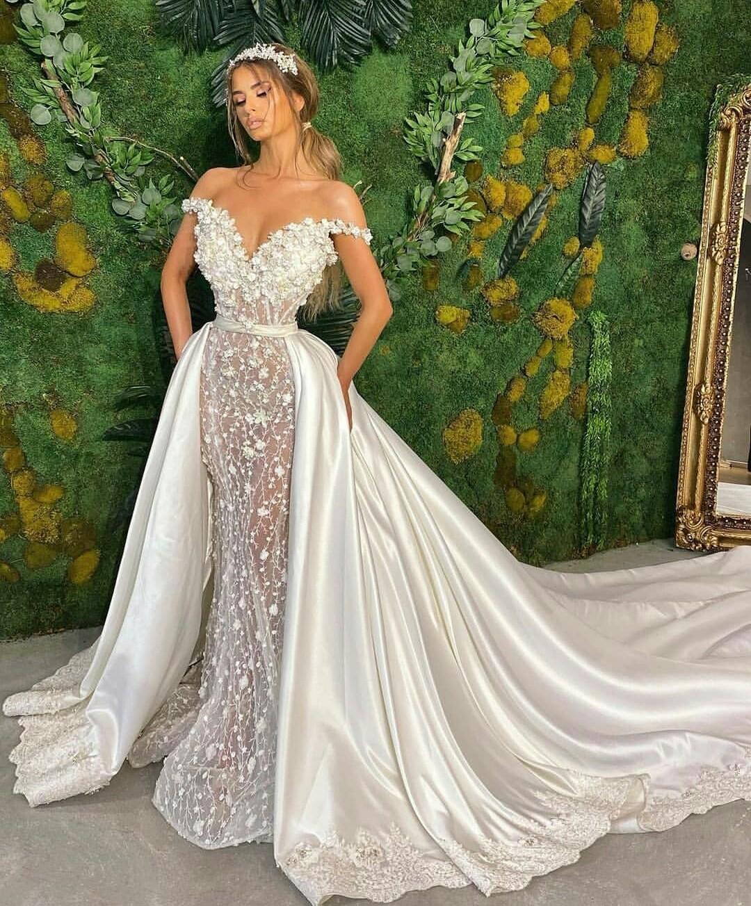 Sexy See Through Mermaid Wedding Dresses with Detachable Train 3D Floral Lace Fishtail Beach Summer Holiday Princess Bridal Gowns