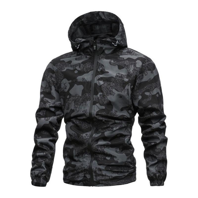 Men's Jackets Men Camo Zipper Front Hooded Windbreaker JacketMen's, Black