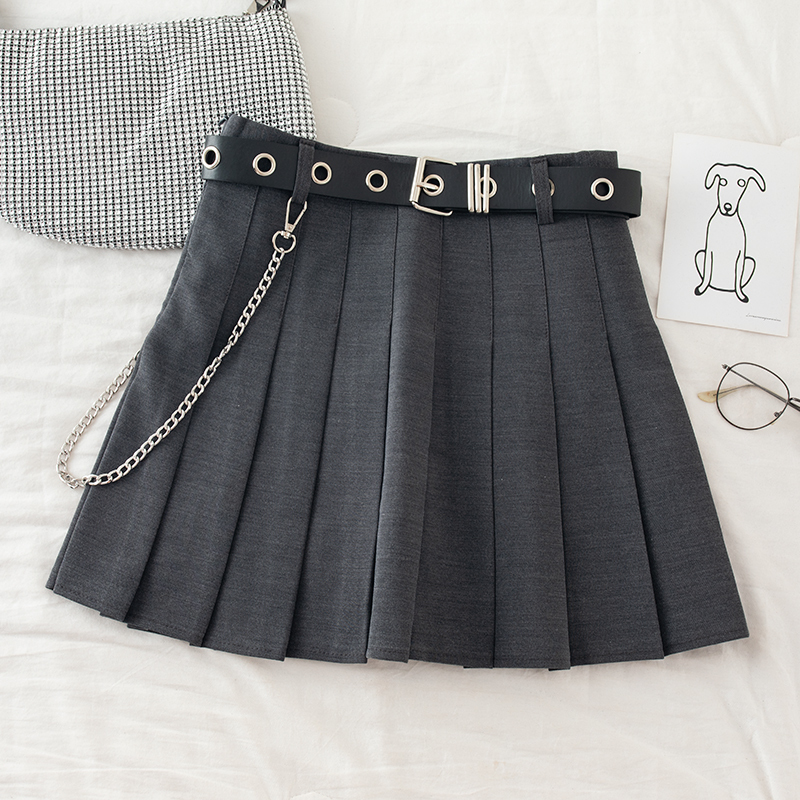 Black Pleated Skirt With Chain-Belt Punk Rock Girl Cheerleading Belted Mini Alt Women e-girl Outfit 220317