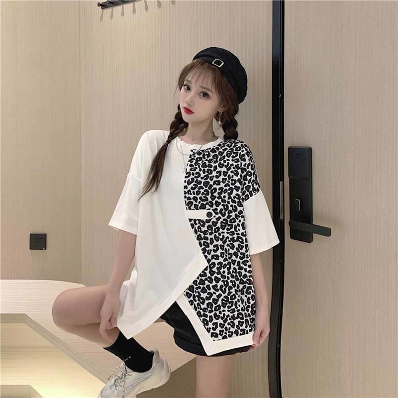 2022 Summer T-Shirts Women Leopard stitching Tops Tee Irregular Loose Casual tshirt Vintage Clothing 220613, White
2022 Summer T-Shirts Women Leopard stitching Tops Tee Irregular Loose Casual tshirt Vintage Clothing 220613, White