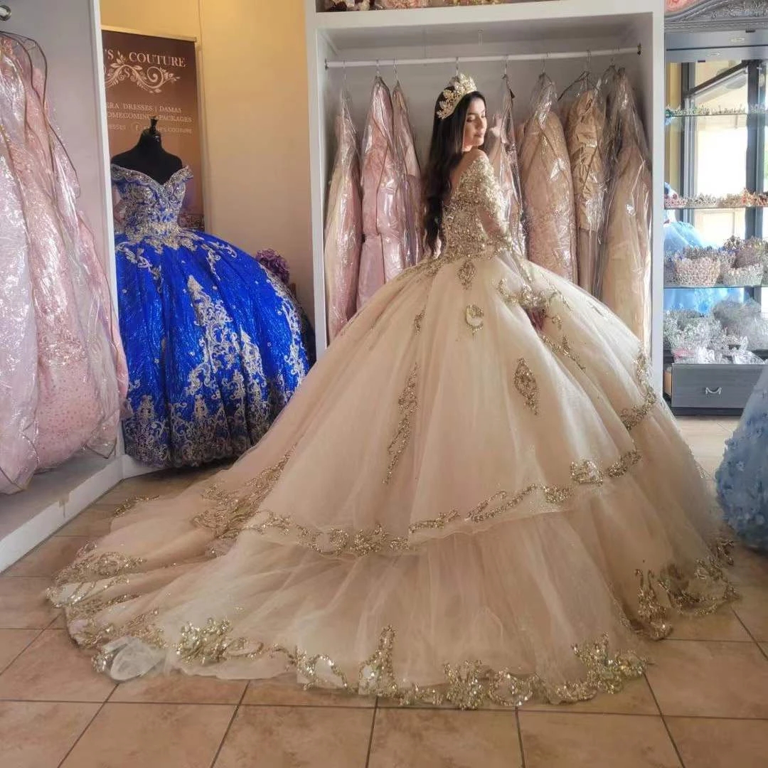 Gold Sequin Champagne Quinceanera Dress Princess 2025 Long Sleeve Ball Gown Prom Dresses Off Shoulders 15 Years Old Birthday Party Sweet 16 Dress For 