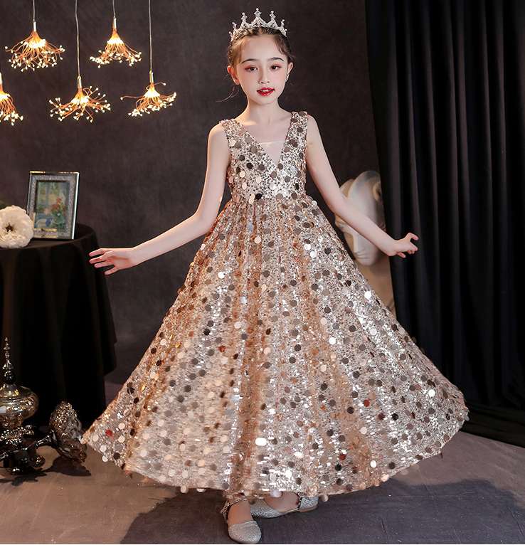 2023 Gold Crystal Flower Girls Dress Pageant Dresses Ball Gown Beaded blingbling Toddler Infant Clothes Little Kids princess Birthday Gowns