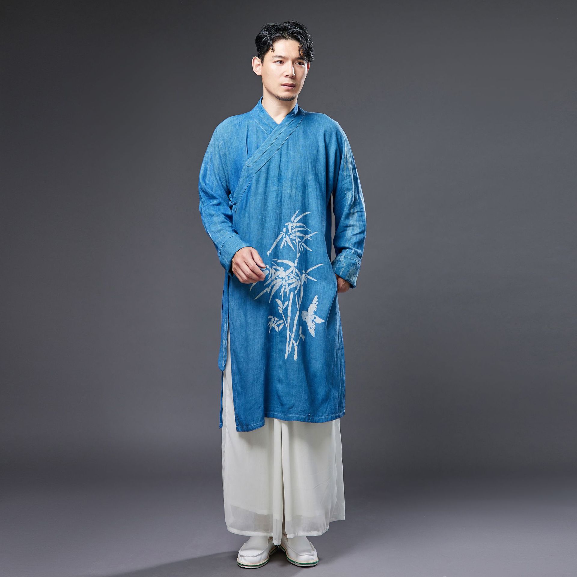 Ethnic Clothing for Men Chinese Hanfu Male cheongsam Traditional Tang suit Oriental Costume Breathable print blue Asian outfit