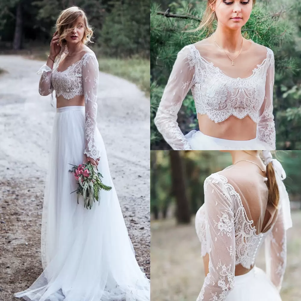 Beach Boho Wedding Dresses Bridal Gown Two Piece Long Sleeves Covered Buttons Tulle Lace Applique Pleat Ruched Country Vestidos De Novia