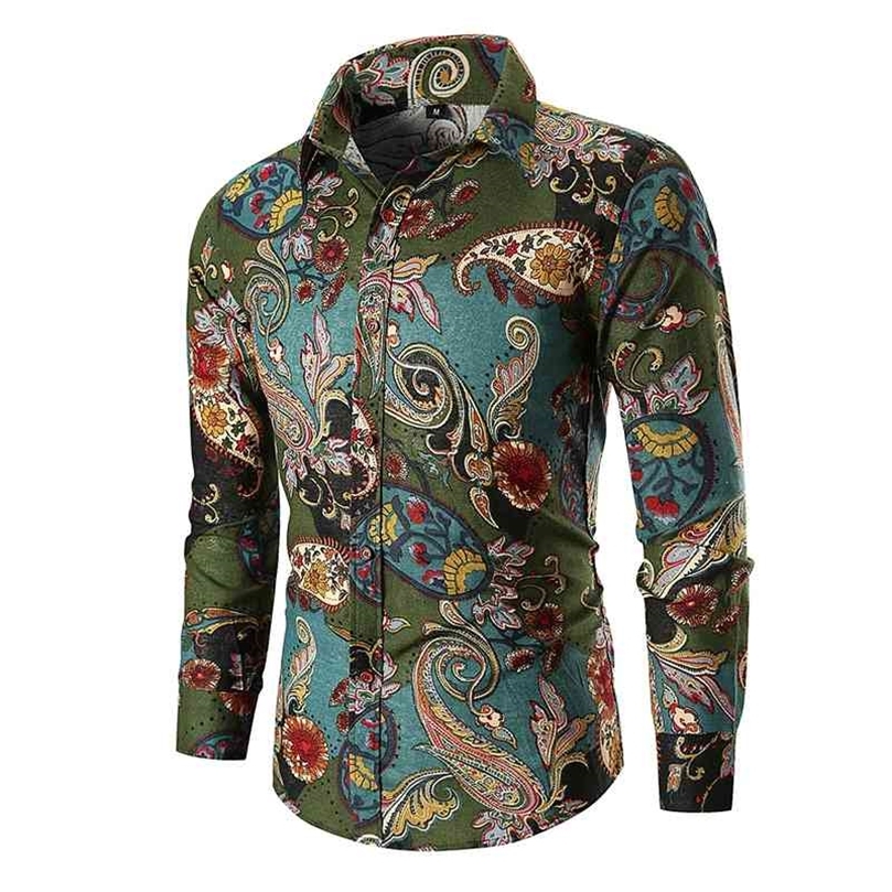 Vintage Paisley Print Hawaiian Men Autumn Long Sleeve Mens Dress Shirts Wedding Party Prom Shirt Chemise Homme 210331