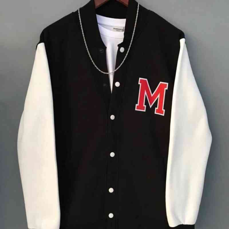 m Printed Black White Casual All Seasons Unisex Oversize College Jacket, Beige