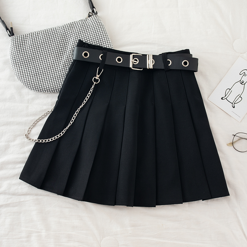 Black Pleated Skirt With Chain-Belt Punk Rock Girl Cheerleading Belted Mini Alt Women e-girl Outfit 220317