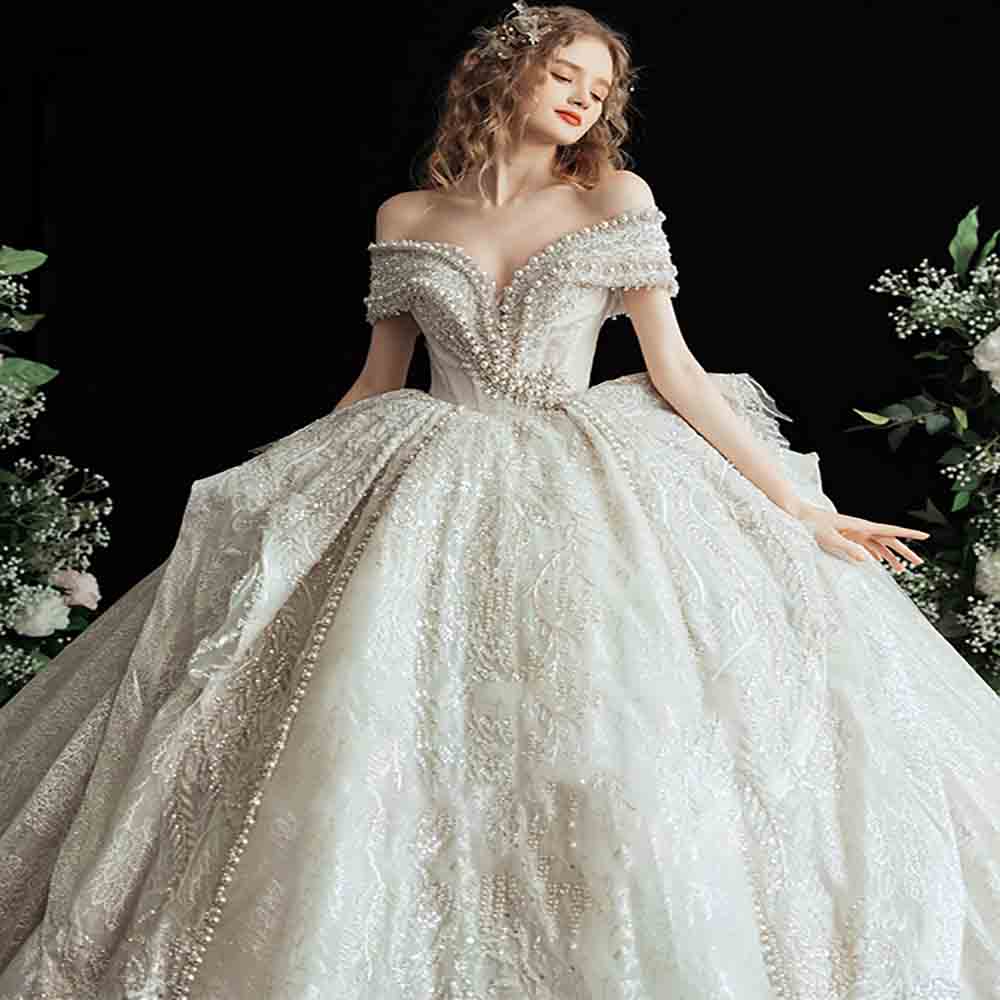 Luxury Heavy Beaded Arabic Wedding Dress Ball Gown Sparkly Pearls Sequin Princess Wedding Dresses 2022 Beading Lace Up Bride Dubai Church Country vest