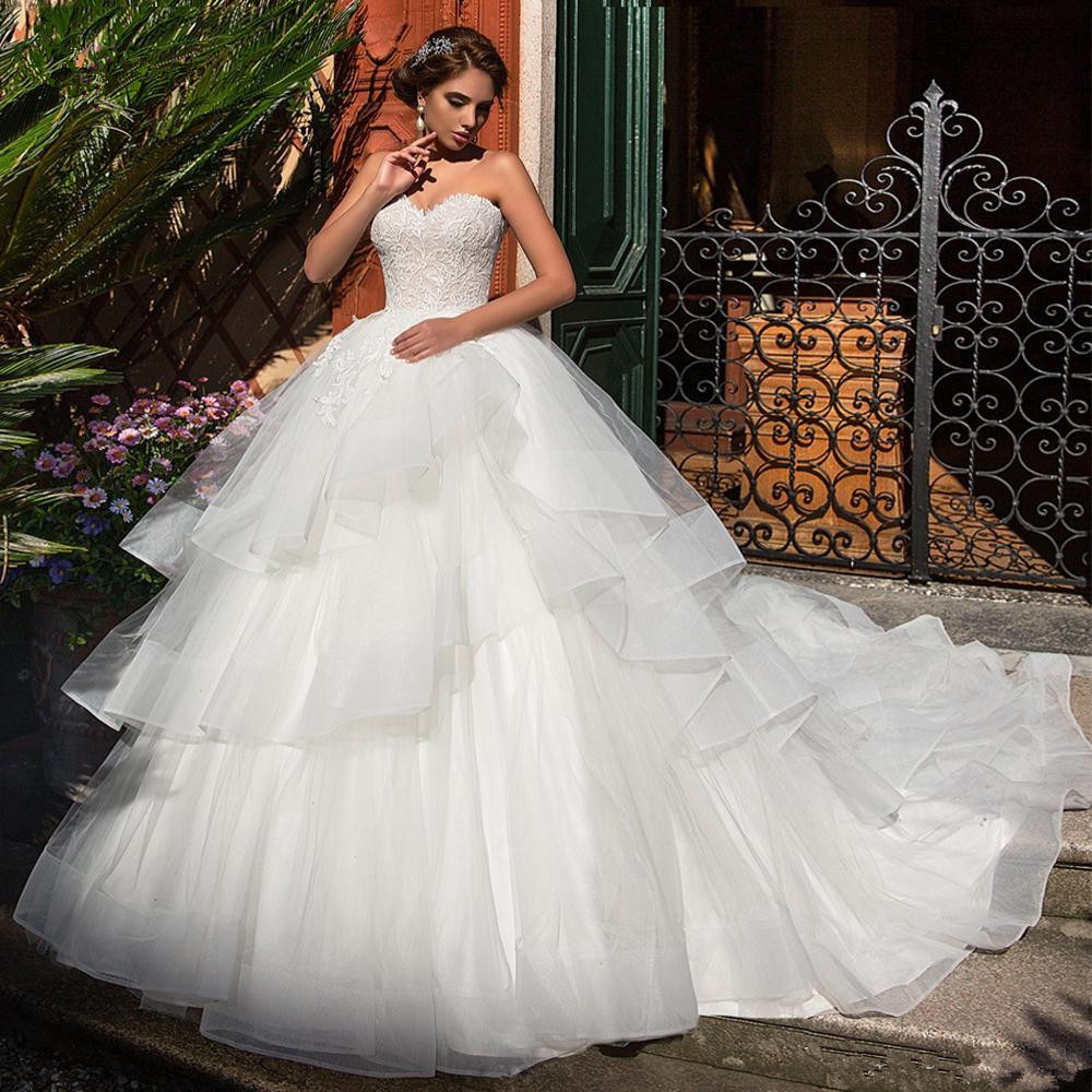 Tube Top Strapless Sleeveless Sweetheart Neck Ball Gown Wedding Dresses Backless Lace Up Appliques Tiered Custom Made For Woman Robe De Mariée