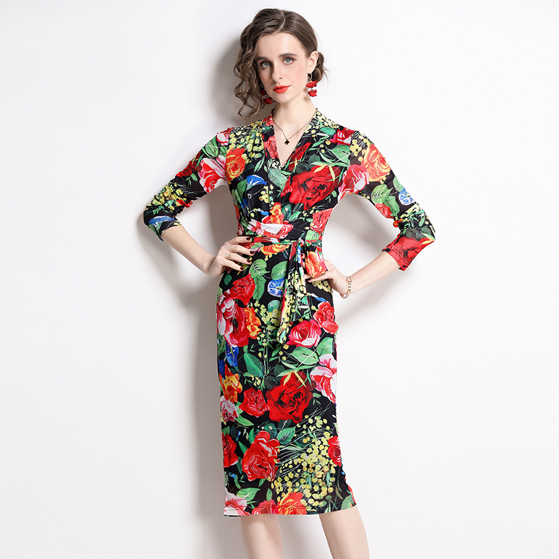 Casual Women Dress Sexy V Neck Fashion Floral Printing Vestidos Elegant Lady Sashes Sliming Bottom Dresses, As pictiure
Casual Women Dress Sexy V Neck Fashion Floral Printing Vestidos Elegant Lady Sashes Sliming Bottom Dresses, As pictiure