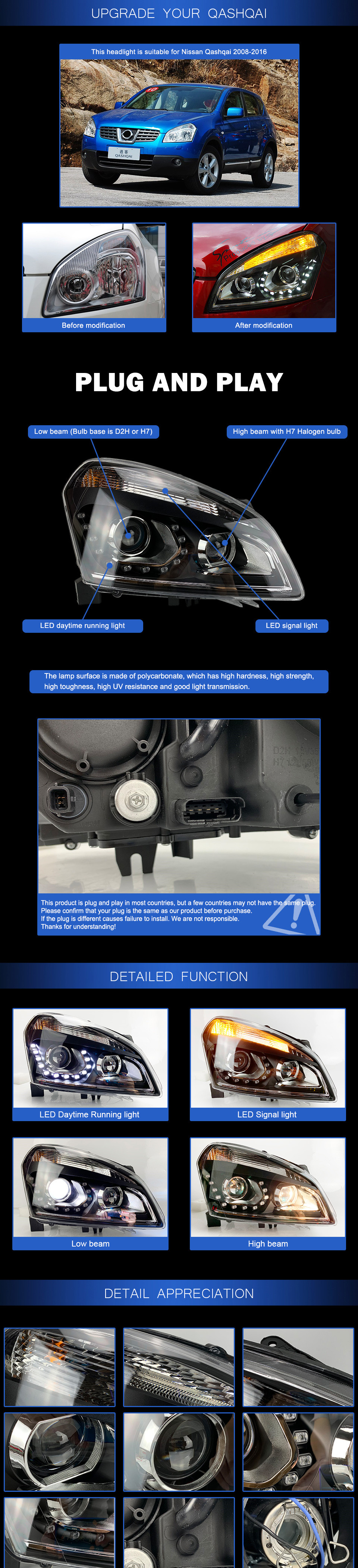 Car Headlights For Nissan Qashqai LED Headlight 2007-16 LED Signal Light Daytime Running Lights High Beam