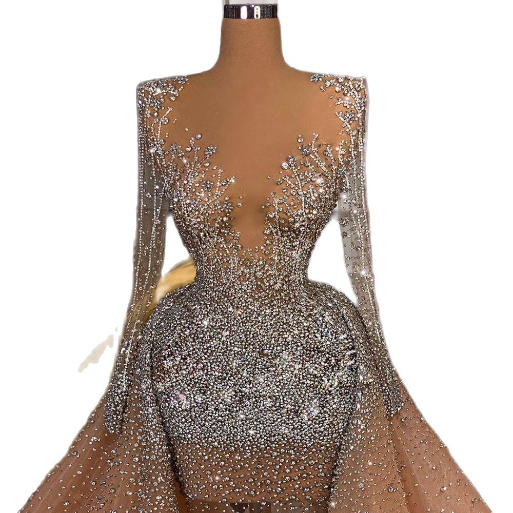 Luxury Mermaid Wedding Dresses With Train Crystal Beads Women Formal Bridal Gowns Custom Made Plus Size