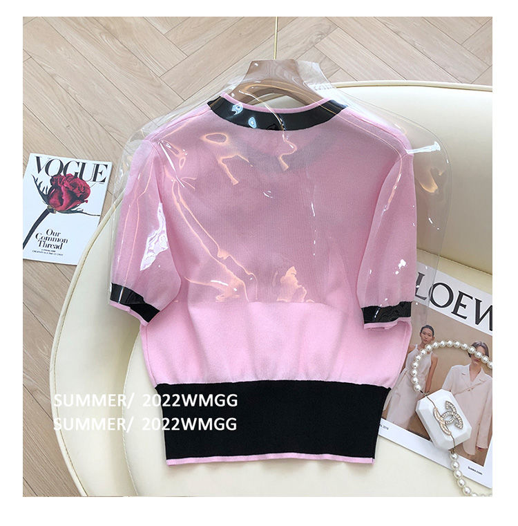 New design womens short sleeve o-neck color block flower buttons patched knits tees plus size SMLXL