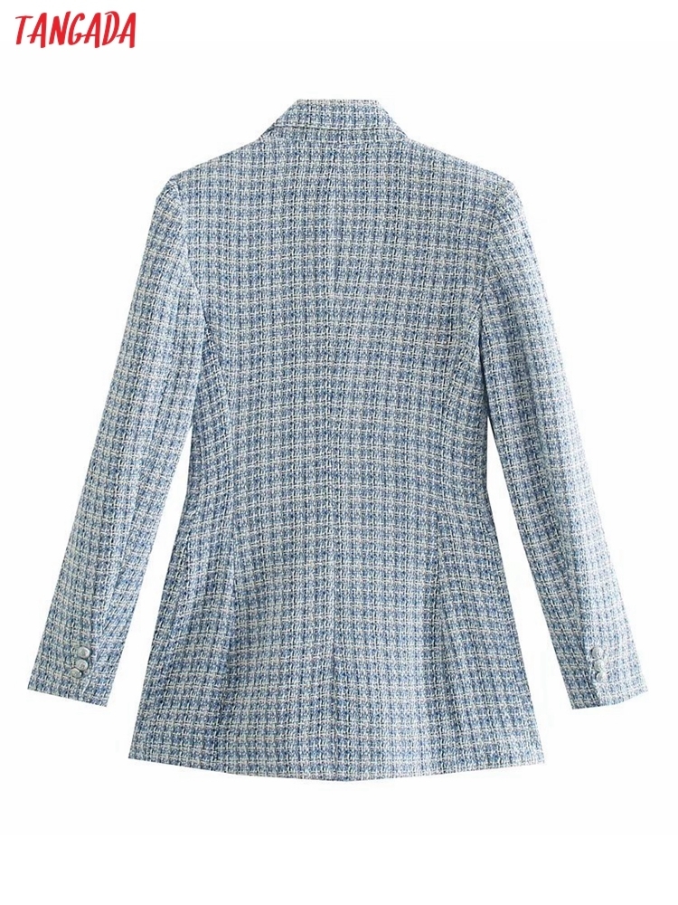 Tangada Women Winter Office Lady Blue Tweed Thick Blazer Coat Vintage Double Breasted Female Outerwear BE579 220402