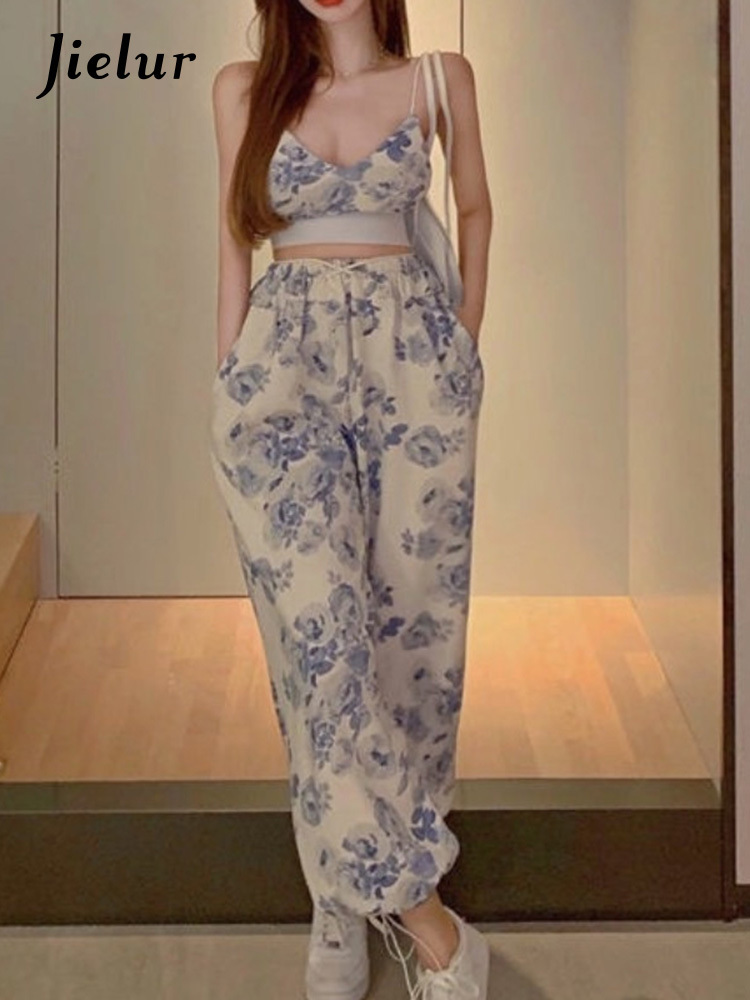 Jielur Sexy Y2K Floral Two Piece Top Pant Set Women Korean Casual High Street Summer Suit Elegant Mini Top Long Wide Leg Pants 220602