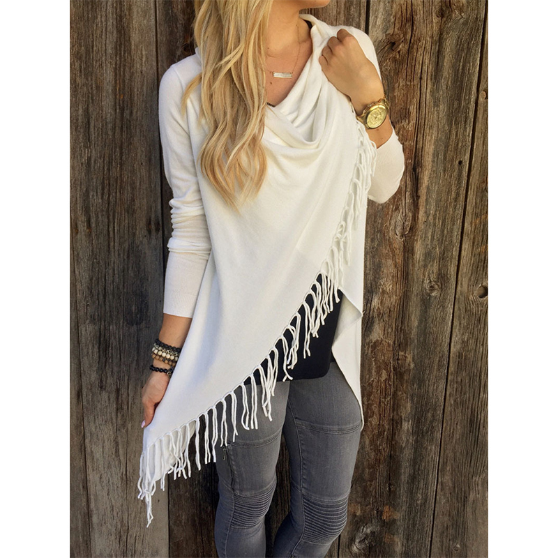 XS-3XL Autumn Elegant Tassel Solid Top Women Turtleneck Long Sleeved Coat Slim Casual T-shirt Classic Mid Length Slash Tees 220321