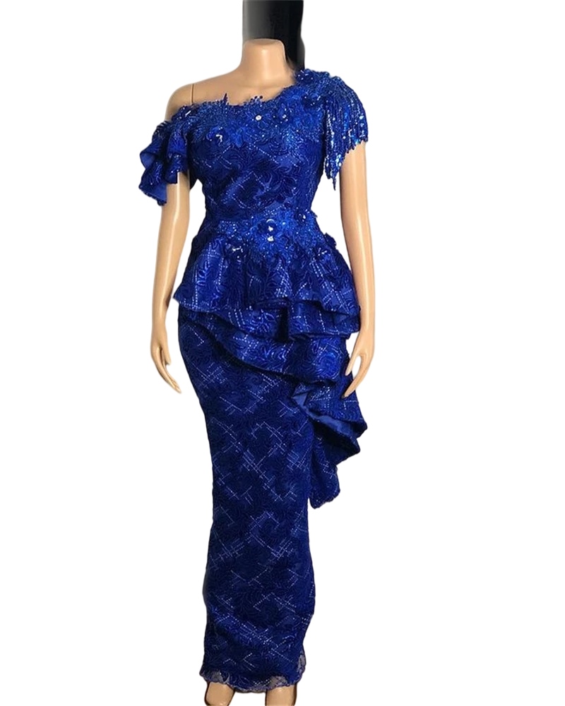 Royal Blue Mermaid Evening Pageant Dresses 2022 Sparkly Real Image Ruffles Lace Beaded Off The Shoulder Mermaid Prom Gowns