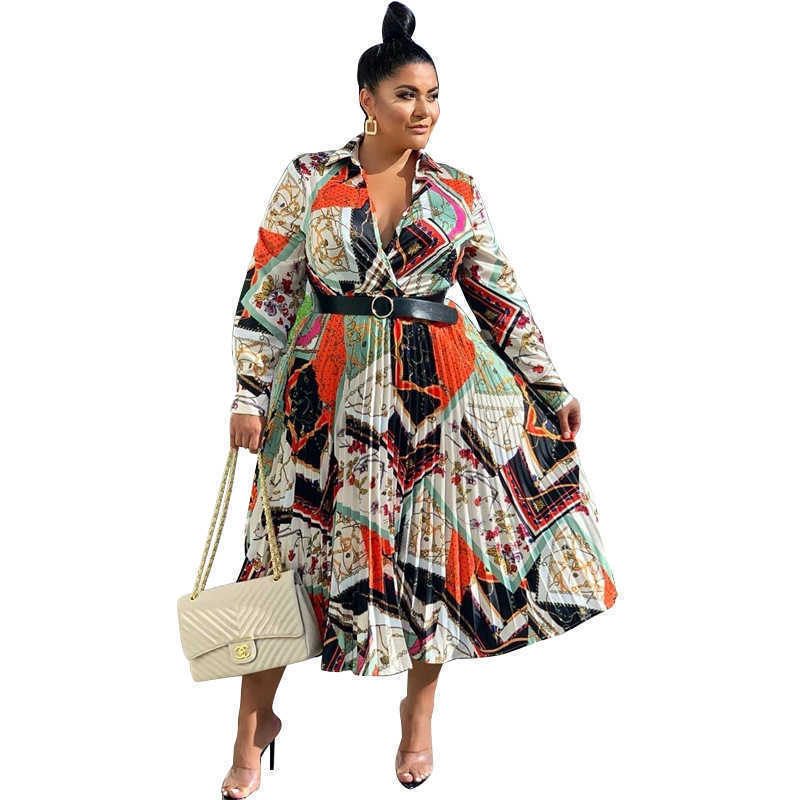 Designer fashion women's plus-size dresses long skirt print pleated color deep V sexy dress with belt large women's dress