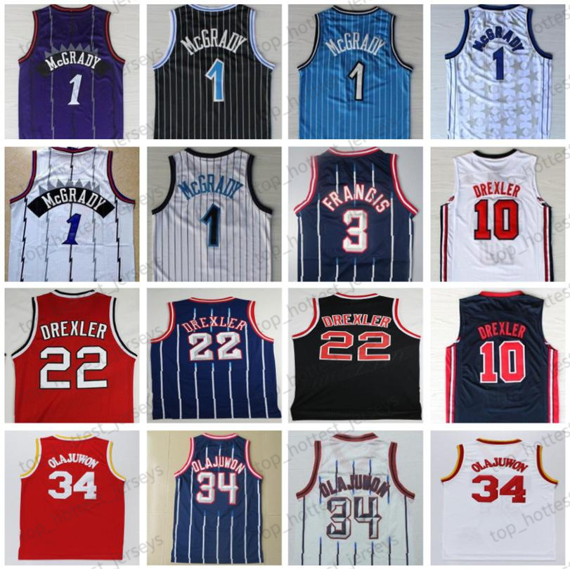 22 Clyde Drexler Jersey Black Red 34 Hakeem Olajuwon White Blue Stripe 3 Allen Iverson Basketball Jerseys Dikembe Mutombo Retro Men's T-shirt Uniform High Quality