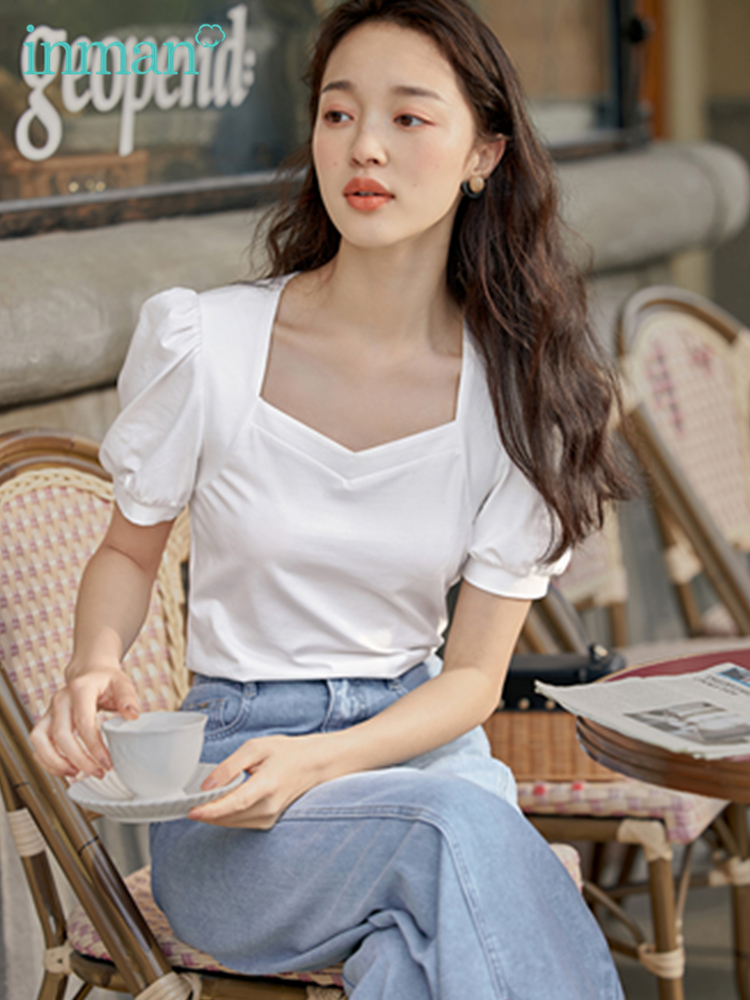 INMAN Womens Tshirt Elegant Fashion Woman Blouses Square Collar Clothes Short Puff Sleeve Pure Color Top Women 220527