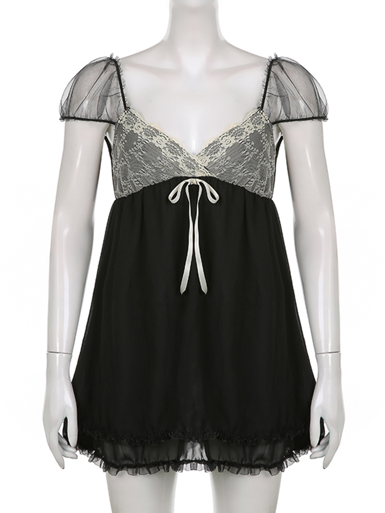 Sweetown Patchwork Lace Cute Y2K Chiffon Dresse Square Collar Elegant Grunge Fairycore Clothes Ruffles Short A Line Dress D220611