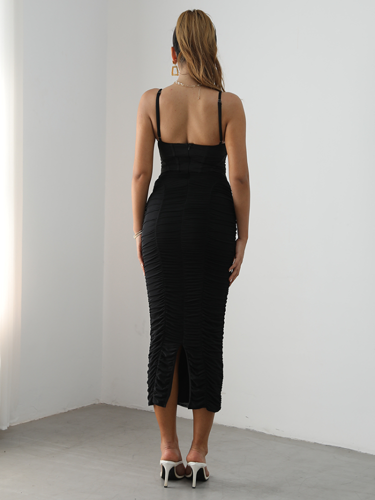 Summer Woman Dress Ruched Maxi Bodycon Mesh Sexy Stretchy Spaghetti Strap es Elegant Long Evening Party es 220629