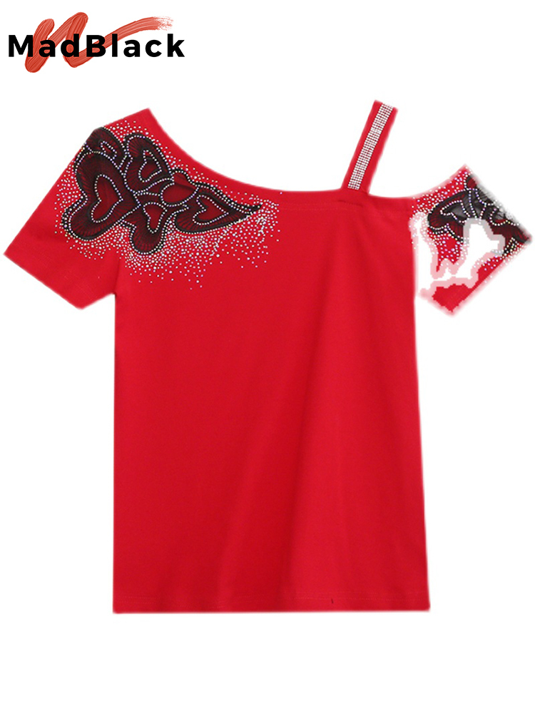 Summer Korean Style Cotton T-Shirt Chic Sexy Skew Collar Patchwork Mesh Love Shiny Diamonds Women Tops Short Sleeve Tees T16408A 220321