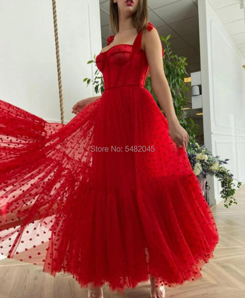 LORIE Red Prom Dresses A-Line Dot Tulle Tea Length Party Gown Christmas Robes de cocktail Dress for Teens 220510