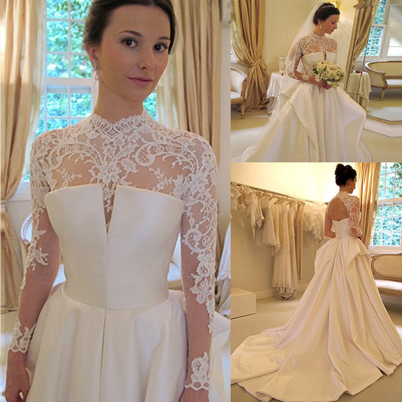 Sheer Neck Ball Gown Wedding Dresses Long Appliqued Sleeves Sequins Lace Bridal Gowns Custom Made Abiti Da Sposa