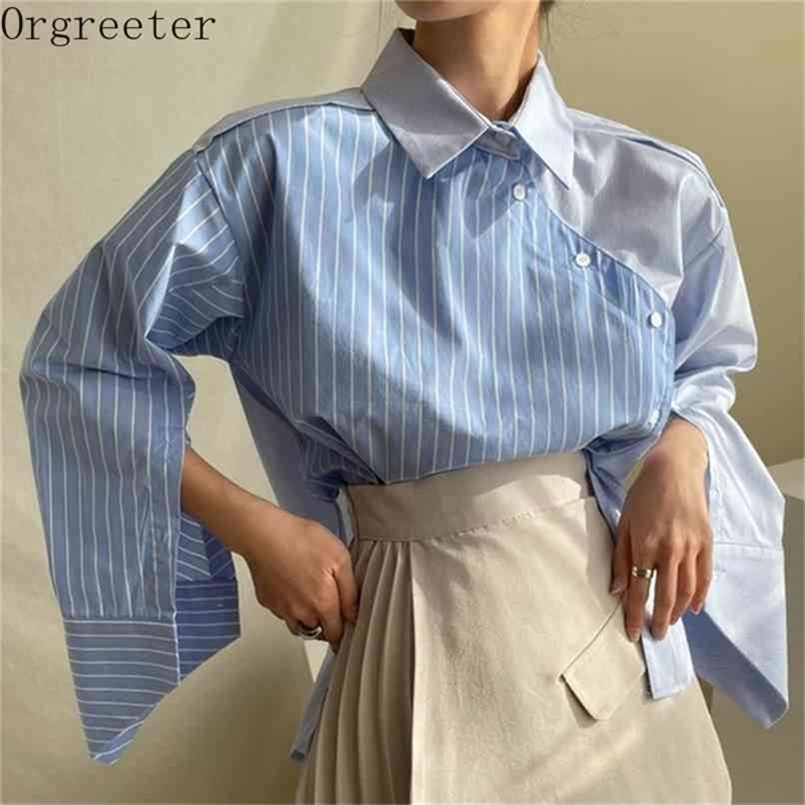 Chic Striped Contrast Irregular Patchwork Blouse Women Spring Fall Lapel Beveled Single Breasted Long Sleeve Shirt 210602, Blue
Chic Striped Contrast Irregular Patchwork Blouse Women Spring Fall Lapel Beveled Single Breasted Long Sleeve Shirt 210602, Blue