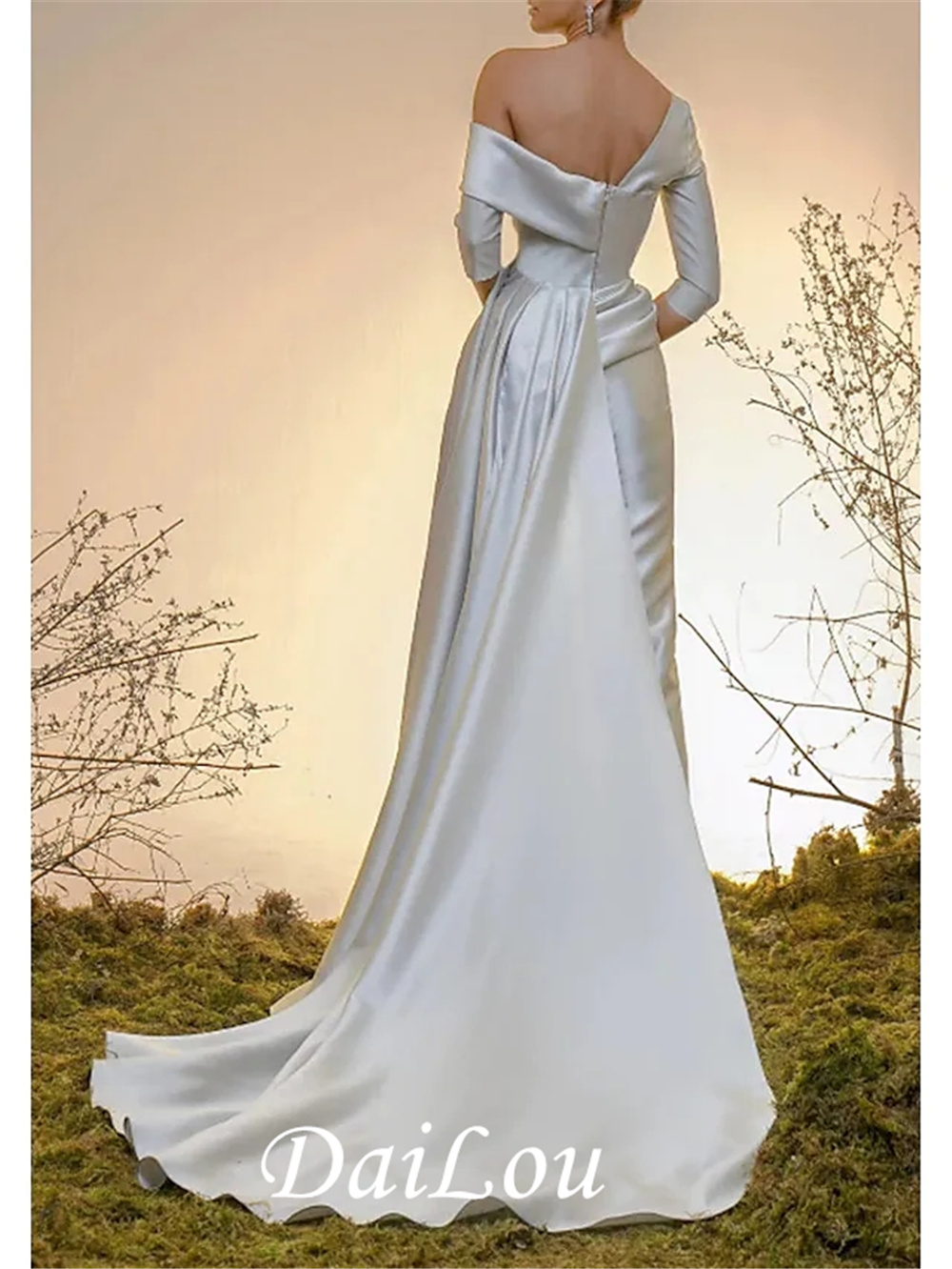 Jumpsuits Minimalist Elegant Prom Dresses Engagement Evening Dress Off Shoulder Half Sleeve Court Train Satin with Pleats Overskirt 2022