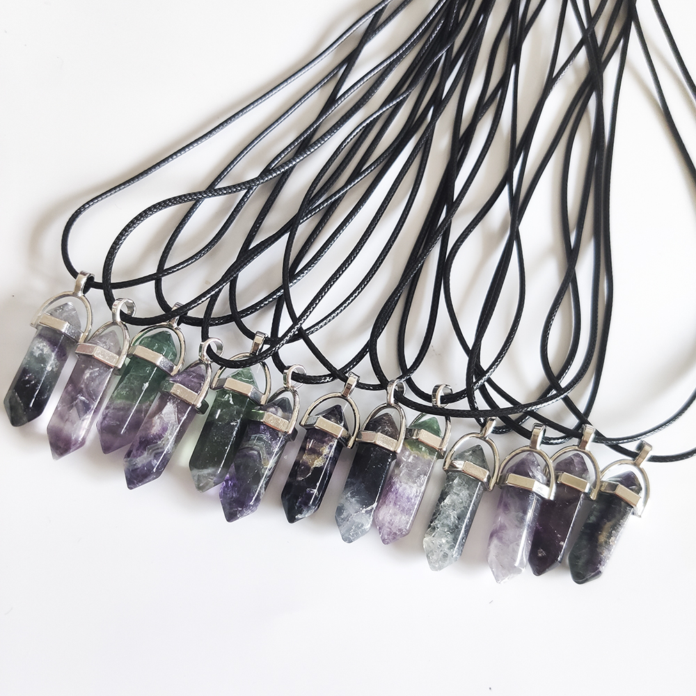 Fluorite Necklaces Crystal Pendants Suspension Natural Gem Stone Quartz Bullet Hexagonal Pendulum Reiki Chakra Necklace