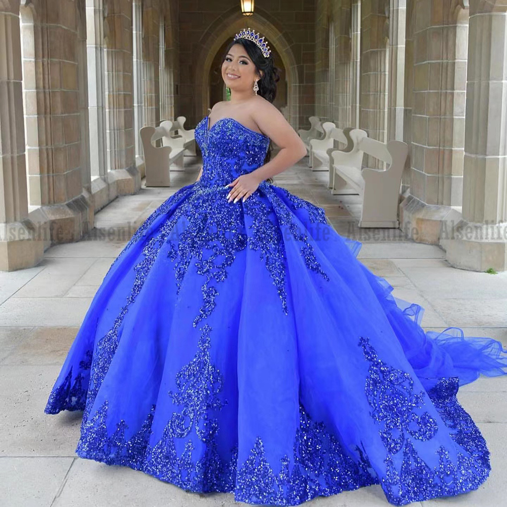 Mexican Royal Blue vestidos de 15 anos Quinceanera Dress with Removeable Sleeves Sequin Applique Sweet 16 Dress Long Prom Gown