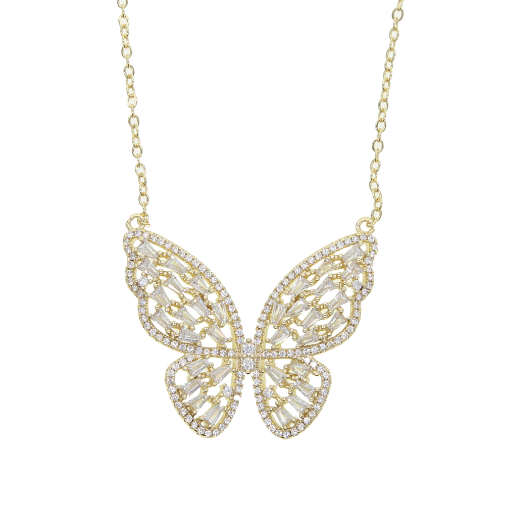 New Arrived Baguette Cz Butterfly Charm Pendant Necklace Plated Gold Silver Rose Sparking Bling Cubic Zirconia Women Jewelry