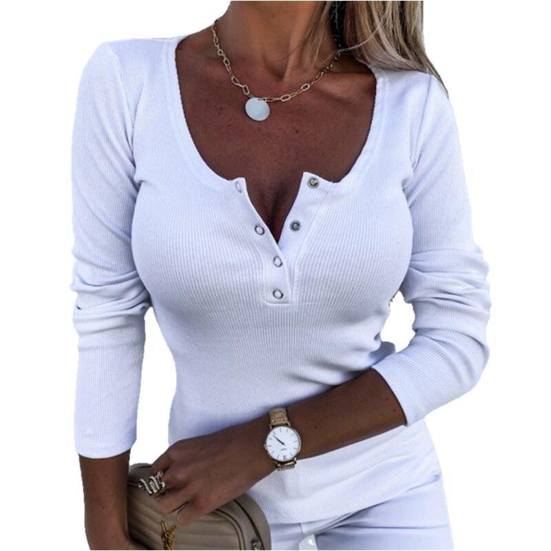 Women Causal Long Sleeve Slim Fit Shirts Autumn Knitted Ribbed Pullover Button Tops Elegant V-Neck Solid Henley 220328