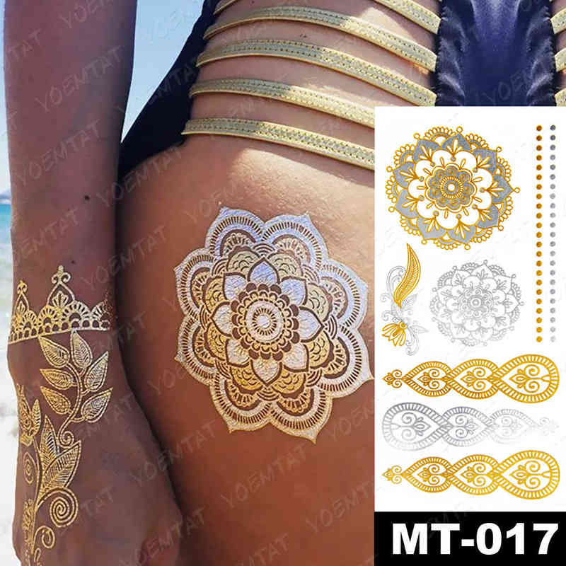 NXY Temporary Tattoo Waterproof Sticker Flowers Mandala Henna Gold Silver Metallic Flash Tatoo Boho Lotus Jewelry Glitter Body Art 0330