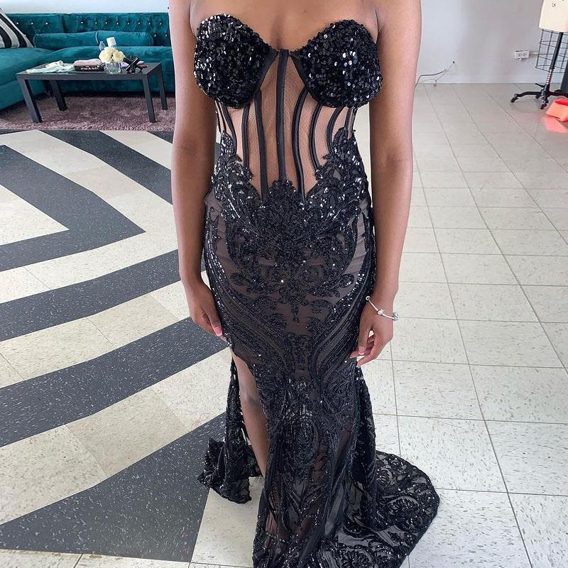 Sparkly Black Mermaid Prom Dresses with Long Sleeve Jacket 2022 Seqauins Beaded Applique Slit African Black Girl Evening Gown