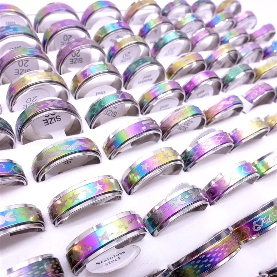 Wholesae 100PCs Lot Stainless Steel Spin Band Rings Rotatable Multicolor Laser Printed Mix Patterns Fashion Jewelry Spinner Party