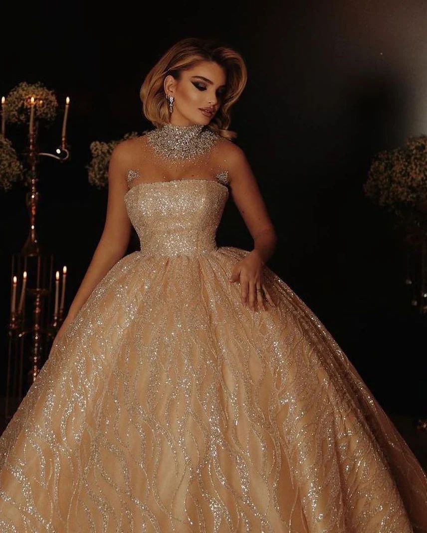 Strapless Champagne Prom Evening Dress Sequins Beads Appliques Sleeveless Bateau Neck Lace Ruffles Shiny Gown Custom Made Floor Length Bridesmaid Plus