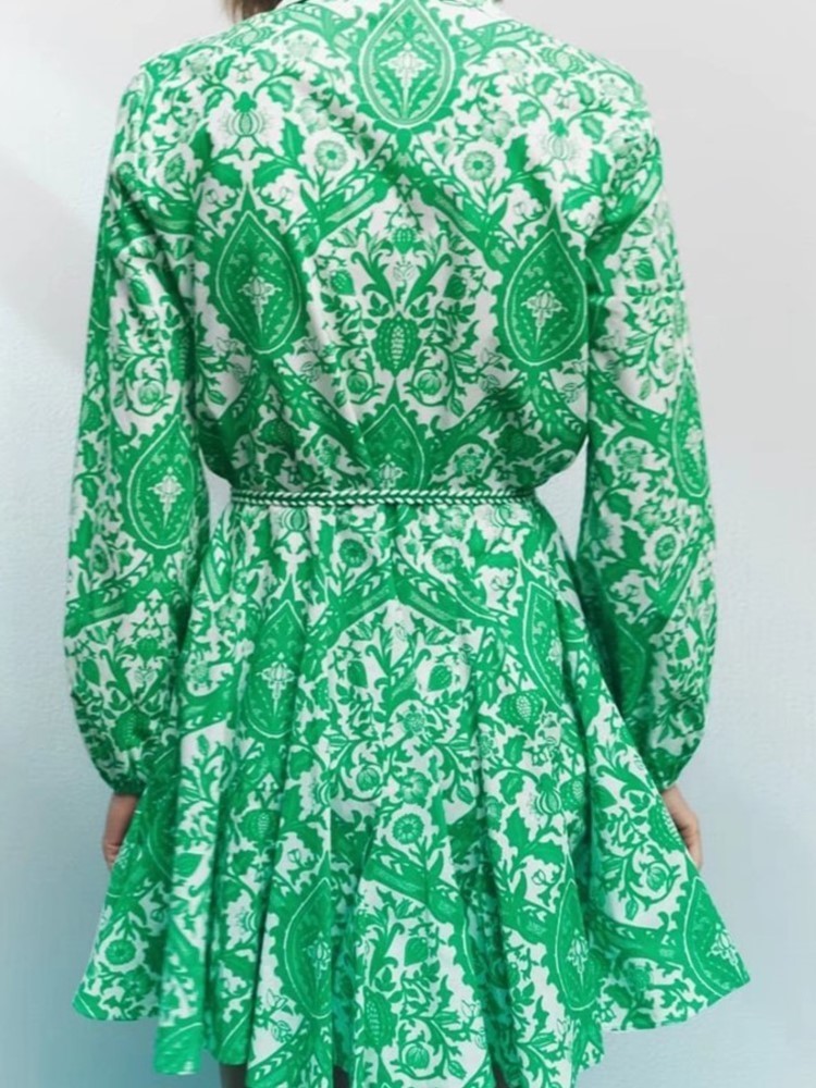 Fashion Women Pleated Dress Party Drawstring Dresses Long Sleeve Female Street Outfit Floral Printed Elegant Casual Summer 220521
