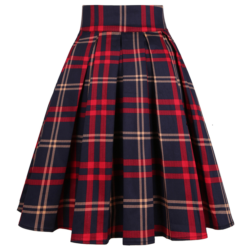 Vintage Pleated Red Plaid Skirt School Uniform Print High Waist Women Retro Summer 50s Rockabilly Skirts Cotton Midi Skater 220322
