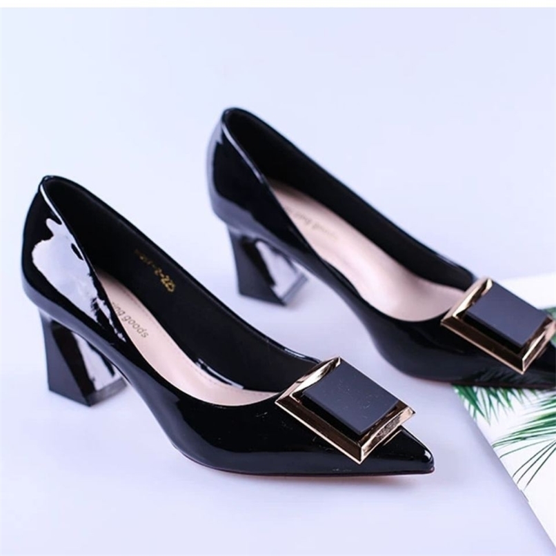 

Square Buckle Fashion OL Office Shoes Women s Concise Patent Leather Shallow High Heels Pointed Toe Women Pumps 220617, Black