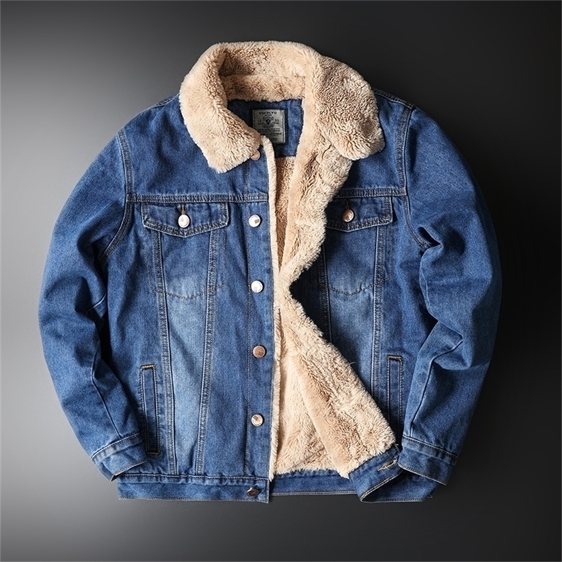 Winter high quality men's jeans jacket casual solid color denim jacket plus velvet warm Fur collar jeans jacket Large M-5XL 201127