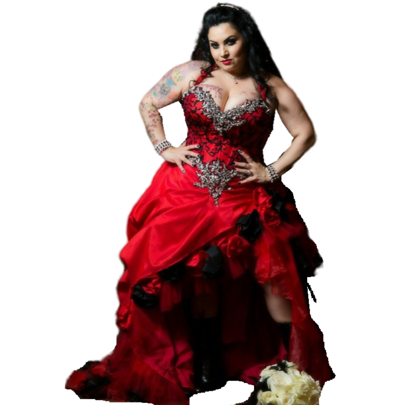 Vintage Gothic Black And Red A Line Wedding Dress Luxury Crystals Beaded Halter Neck High Low Bridal Gowns handmade Flowers Ruffle Plus Size Bride Dre